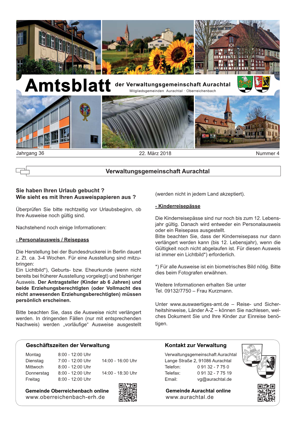 Amtsblatt | Verwaltungsgemeinde Aurachtal | Nr. 04 Vom 22.03.2018