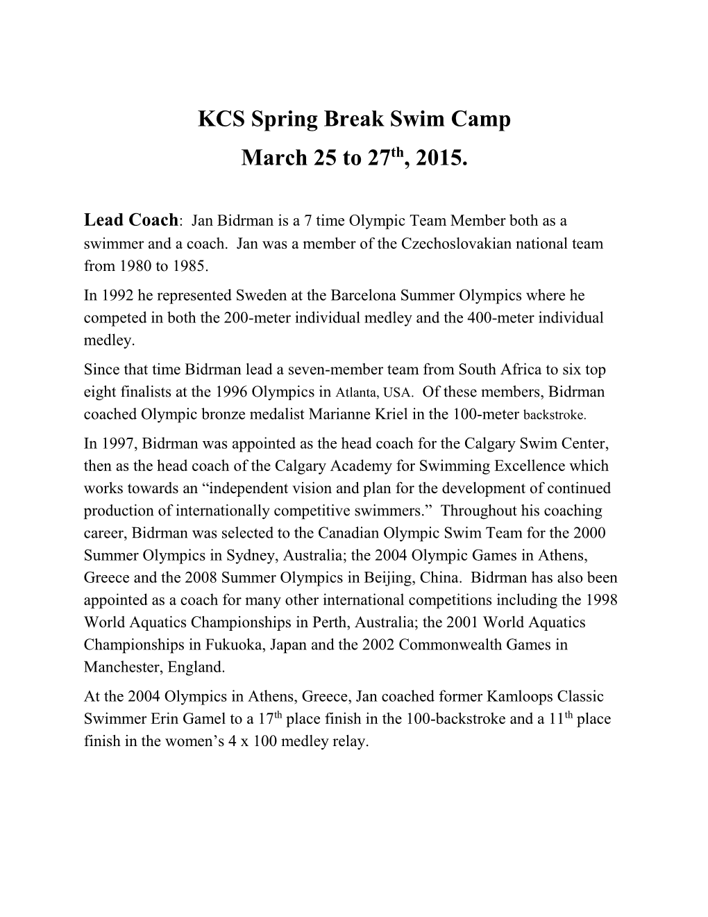 KCS Spring Break Swim Camp March 25 to 27Th, 2015