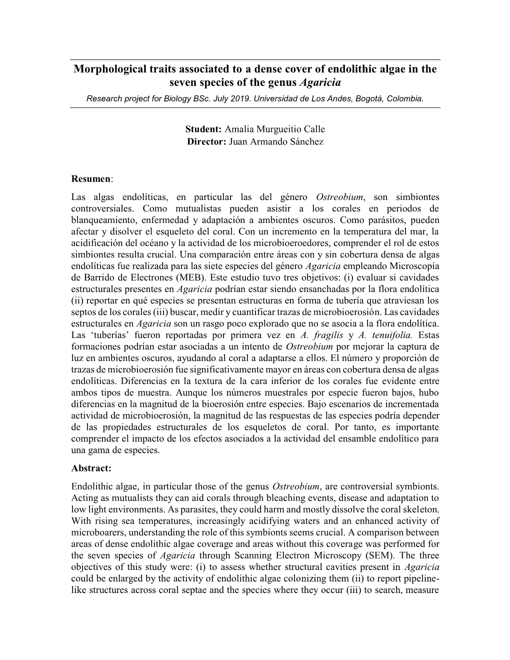 Morphological Traits Associated to a Dense Cover of Endolithic Algae in the Seven Species of the Genus Agaricia Research Project for Biology Bsc