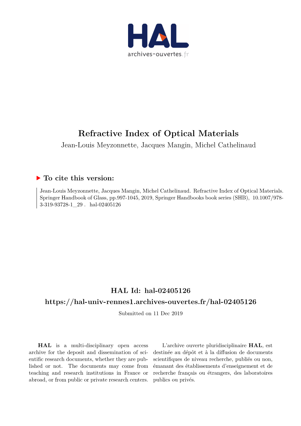 Refractive Index of Optical Materials Jean-Louis Meyzonnette, Jacques Mangin, Michel Cathelinaud