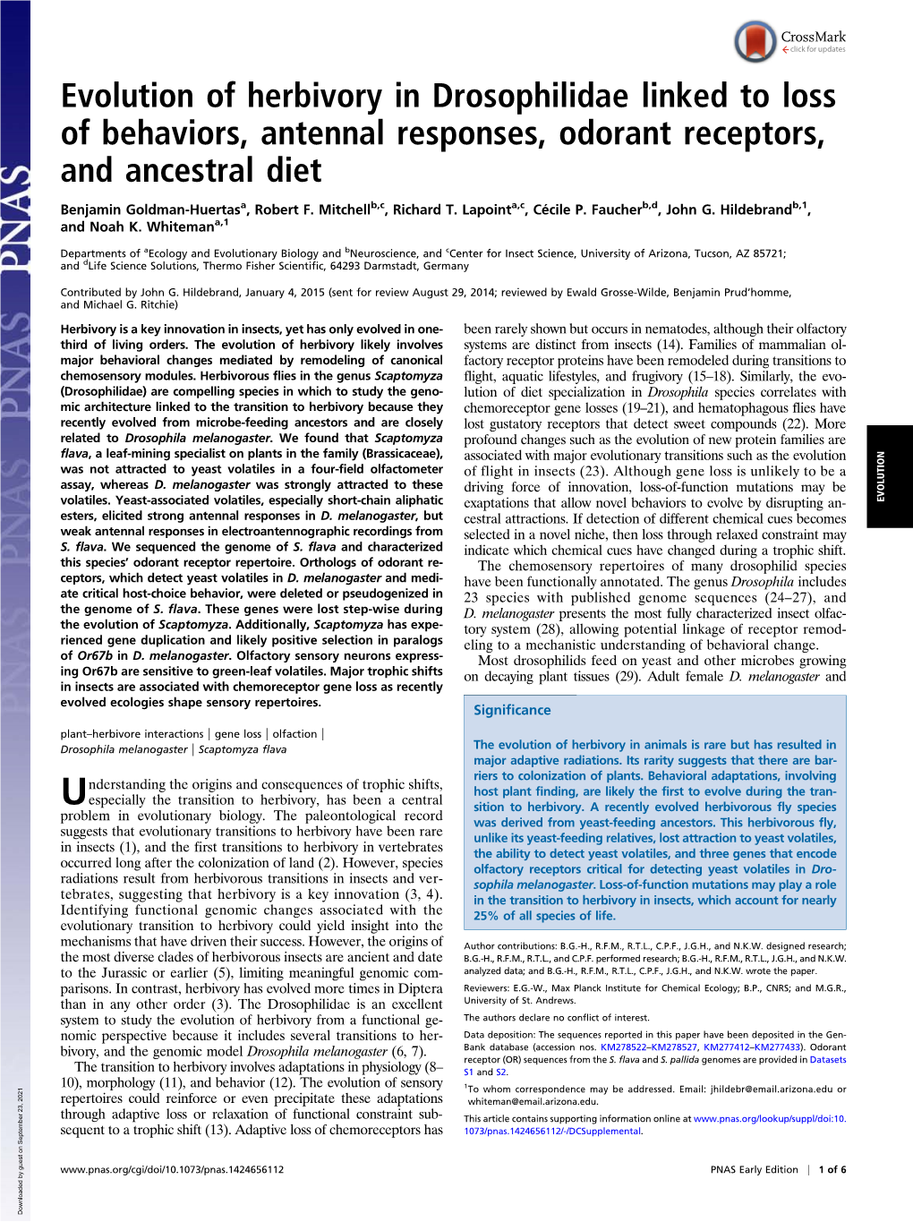 Evolution of Herbivory in Drosophilidae Linked to Loss of Behaviors, Antennal Responses, Odorant Receptors, and Ancestral Diet