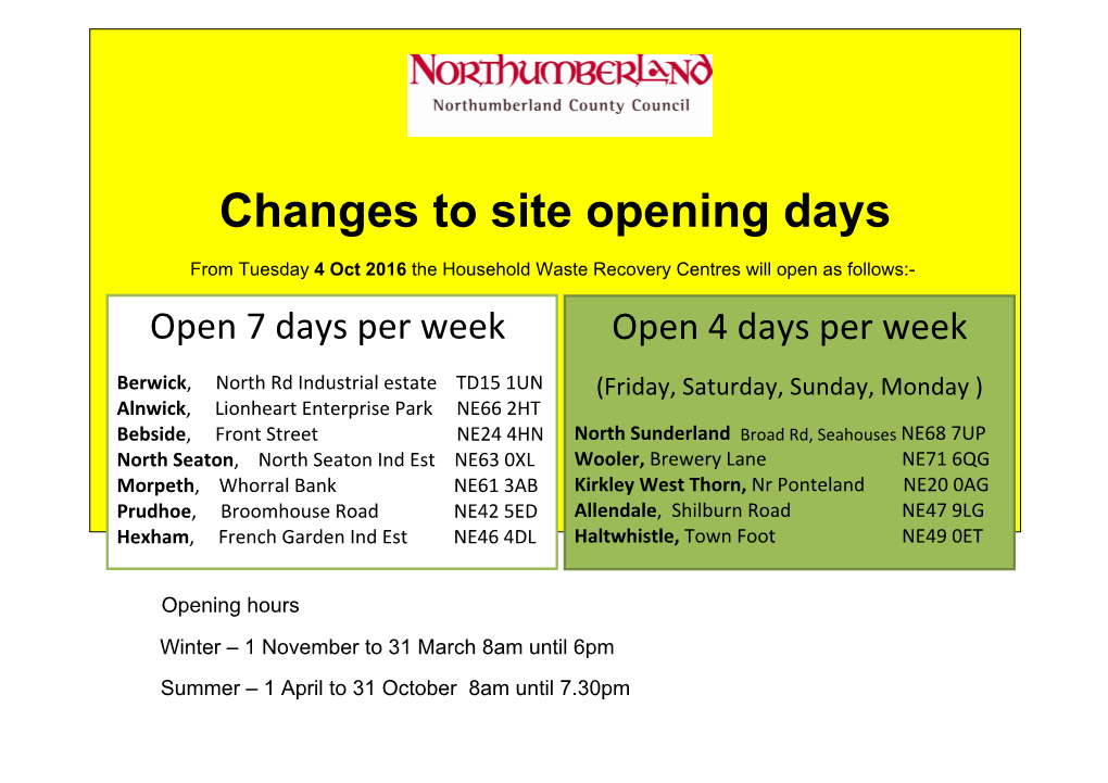 Changes to Site Opening Days