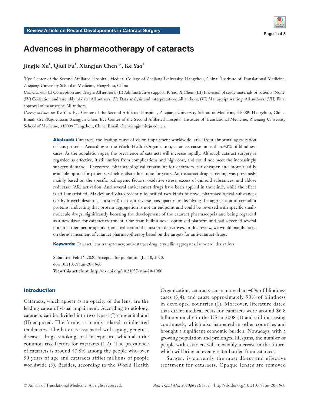 Advances in Pharmacotherapy of Cataracts