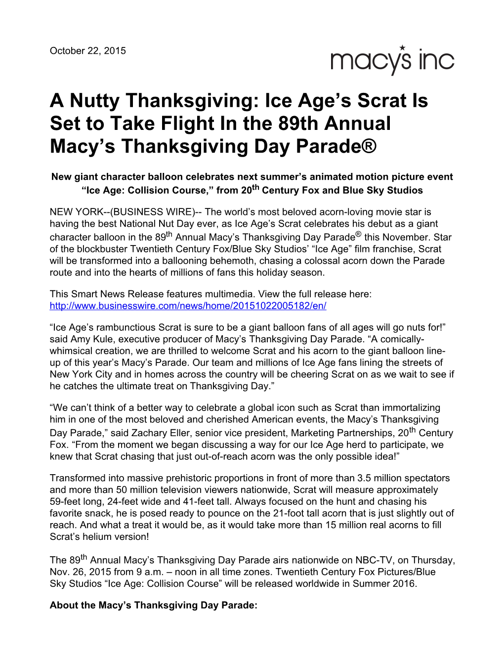 A Nutty Thanksgiving: Ice Age's Scrat Is Set to Take Flight in the 89Th Annual Macy's Thanksgiving Day Parade