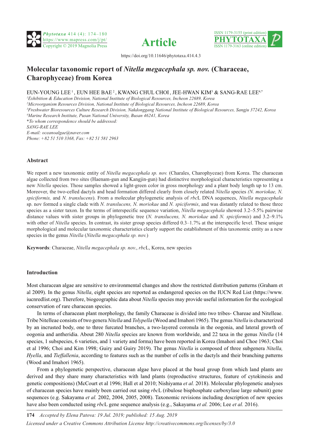 Molecular Taxonomic Report of Nitella Megacephala Sp. Nov. (Characeae, Charophyceae) from Korea