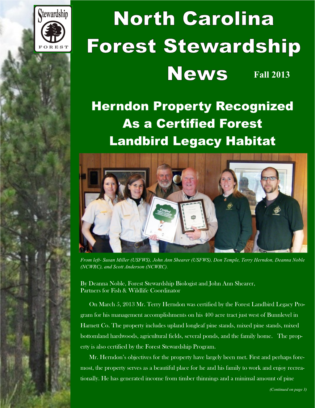 Herndon Property Recognized As a Certified Forest Landbird Legacy Habitat