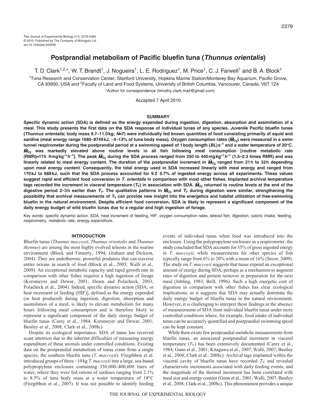 Postprandial Metabolism of Pacific Bluefin Tuna (Thunnus Orientalis)