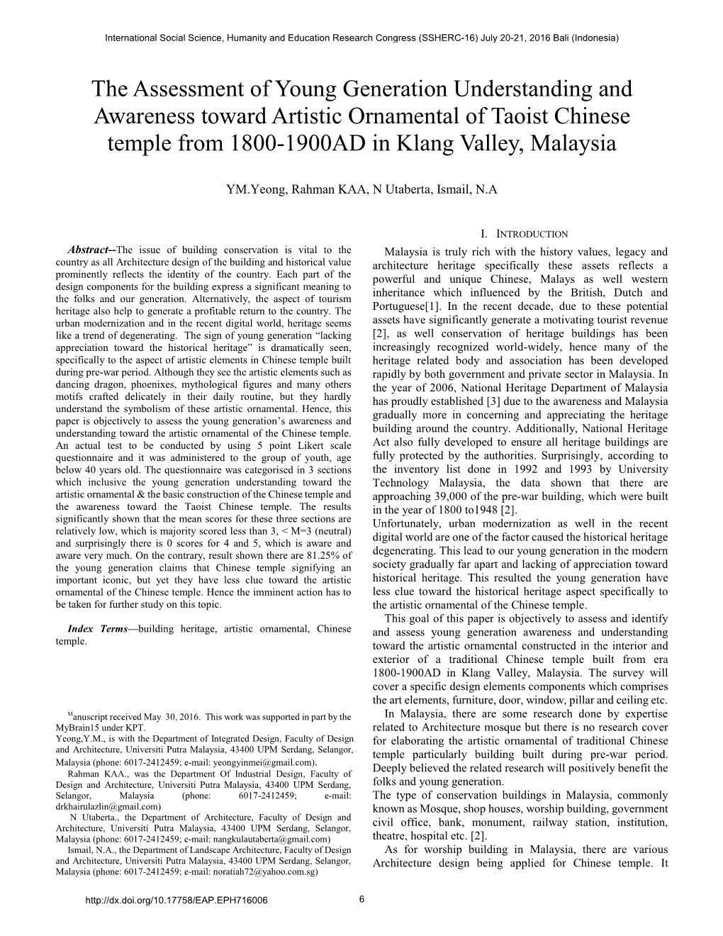 The Assessment of Young Generation Understanding and Awareness Toward Artistic Ornamental of Taoist Chinese Temple from 1800-1900AD in Klang Valley, Malaysia