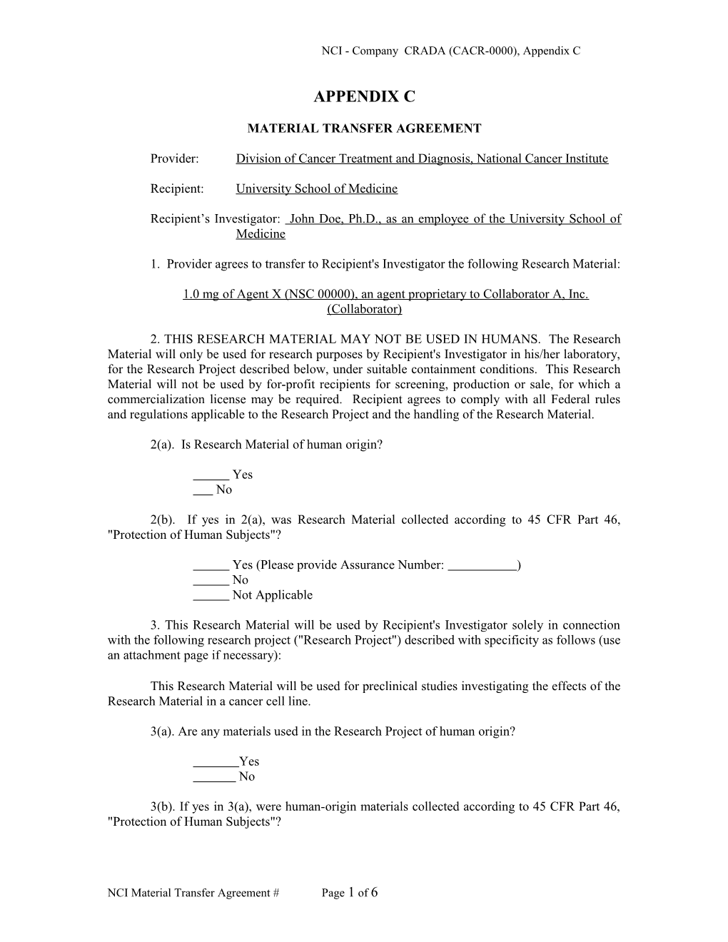 NCI - Company CRADA (CACR-0000), Appendix C