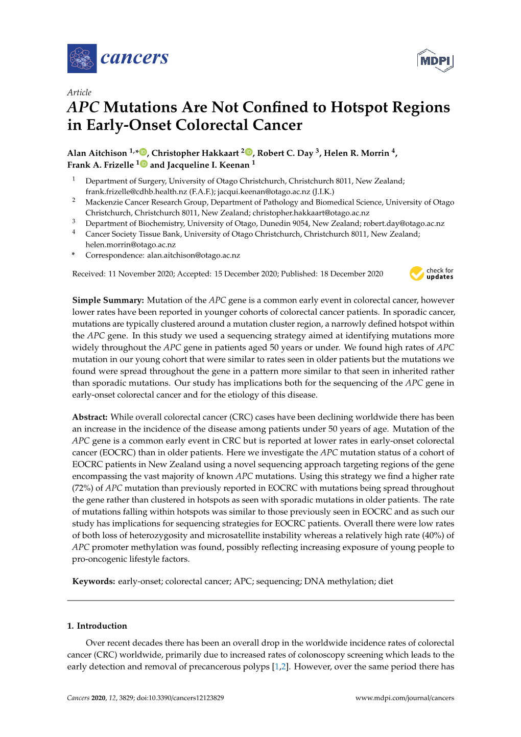 APC Mutations Are Not Confined to Hotspot Regions in Early-Onset Colorectal Cancer