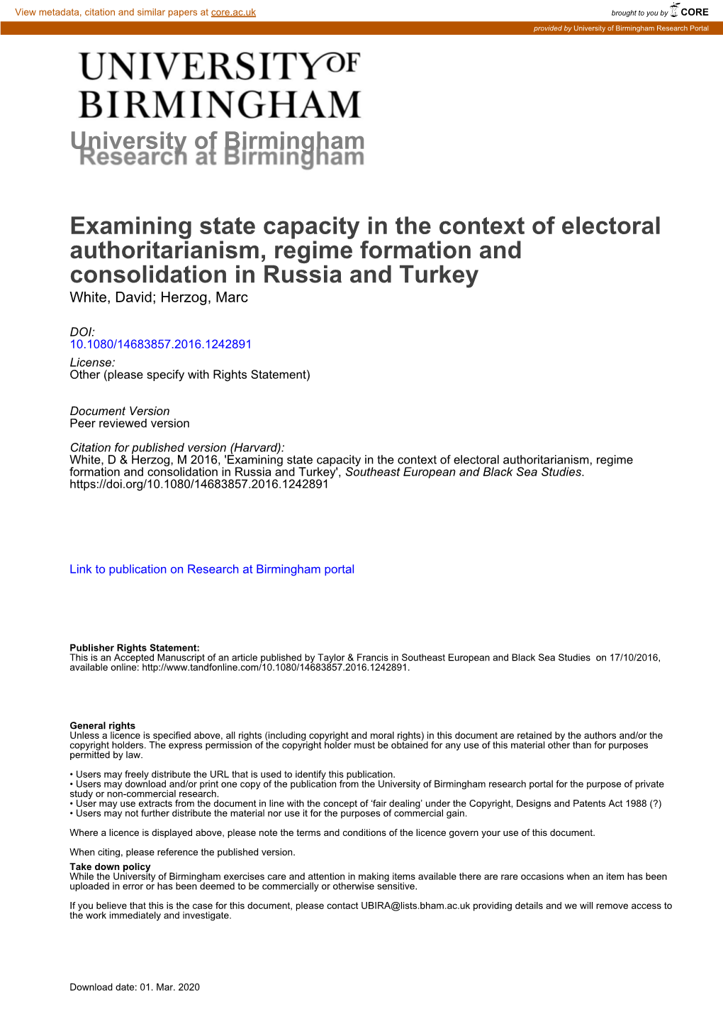 Examining State Capacity in the Context of Electoral Authoritarianism, Regime Formation and Consolidation in Russia and Turkey White, David; Herzog, Marc