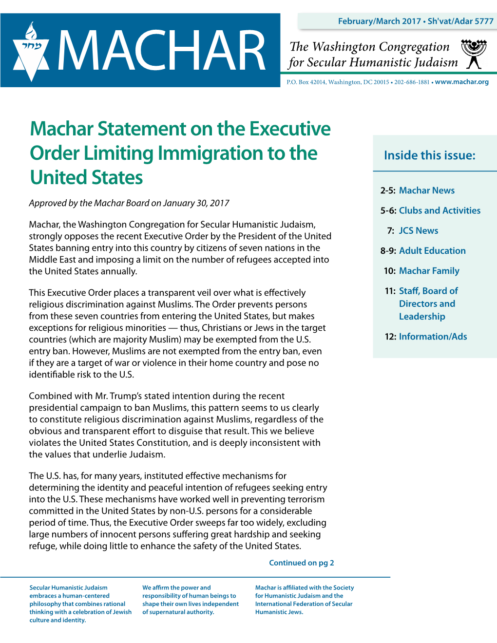 Machar Statement on the Executive Order Limiting Immigration to The