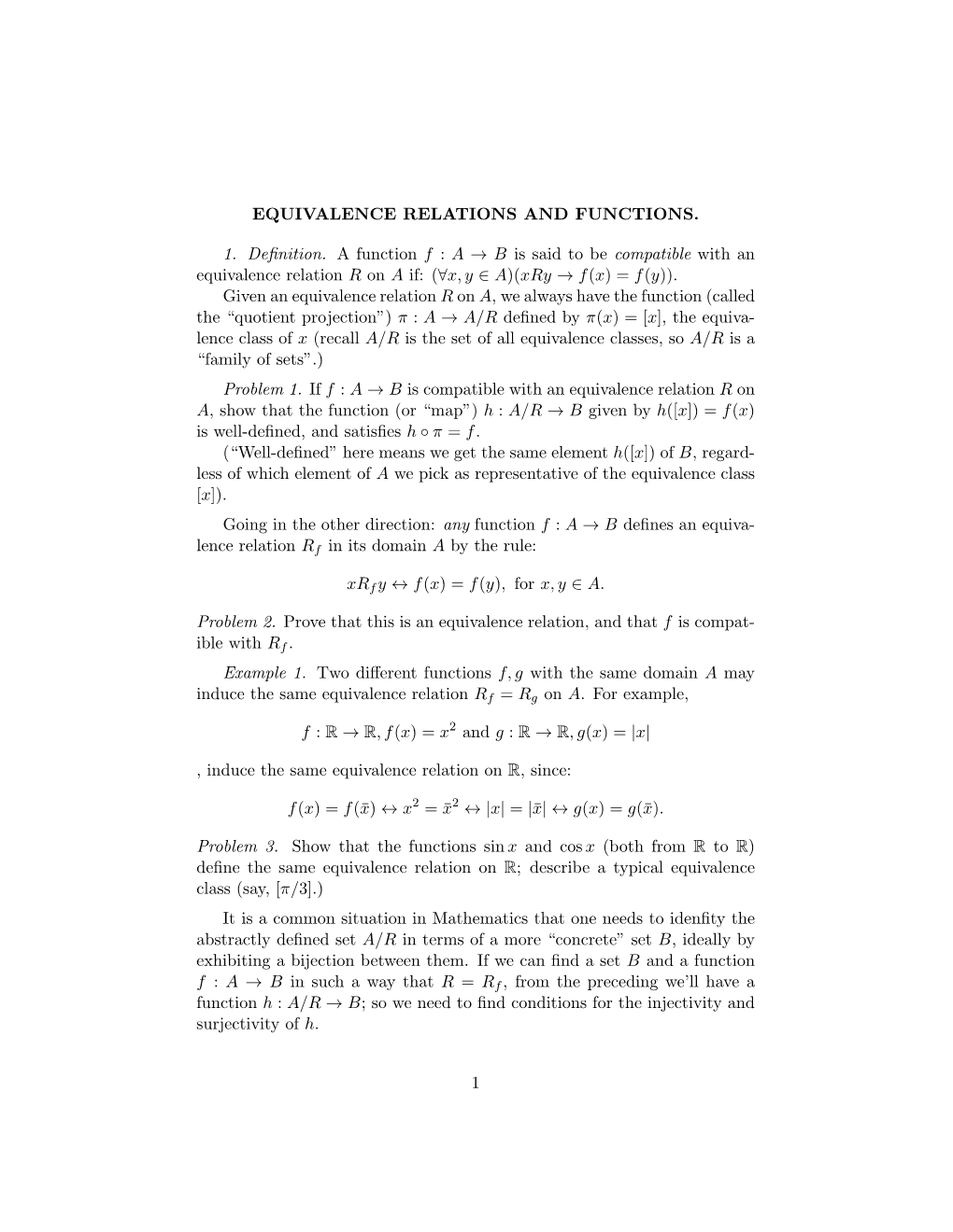 EQUIVALENCE RELATIONS and FUNCTIONS. 1. Definition. a Function F