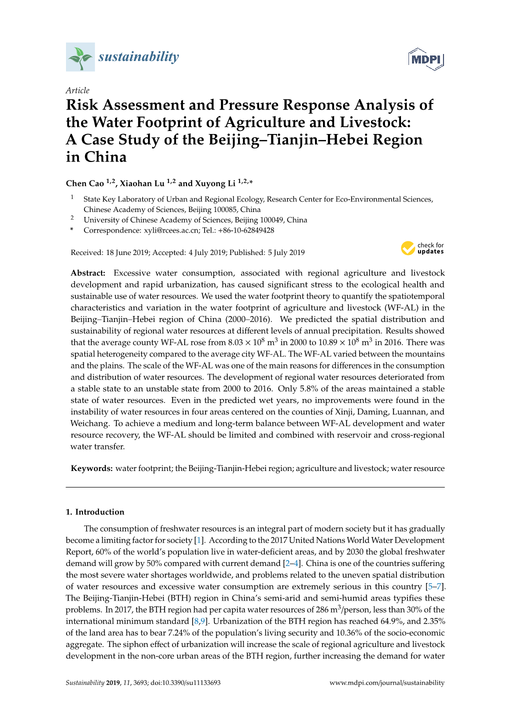 Risk Assessment and Pressure Response Analysis of the Water Footprint of Agriculture and Livestock: a Case Study of the Beijing–Tianjin–Hebei Region in China