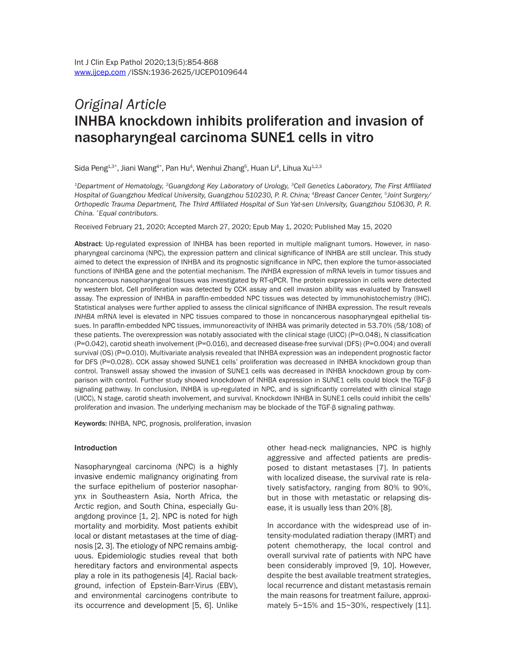 Original Article INHBA Knockdown Inhibits Proliferation and Invasion of Nasopharyngeal Carcinoma SUNE1 Cells in Vitro