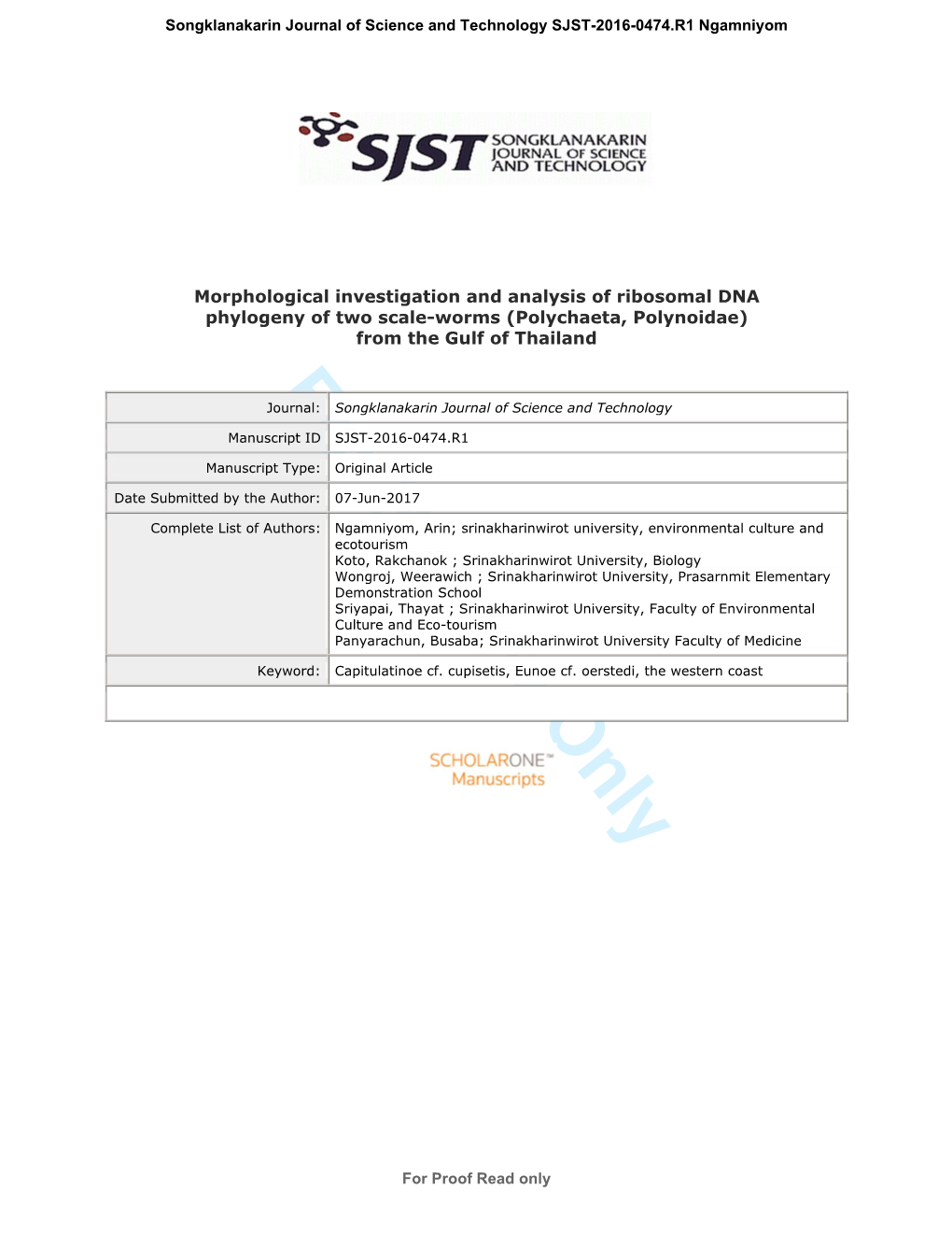 For Review Only Journal: Songklanakarin Journal of Science and Technology