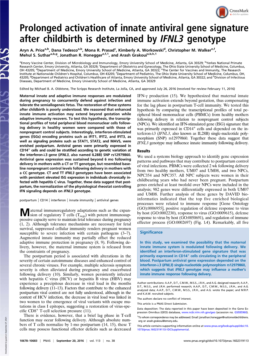 Prolonged Activation of Innate Antiviral Gene Signature After Childbirth Is Determined by IFNL3 Genotype