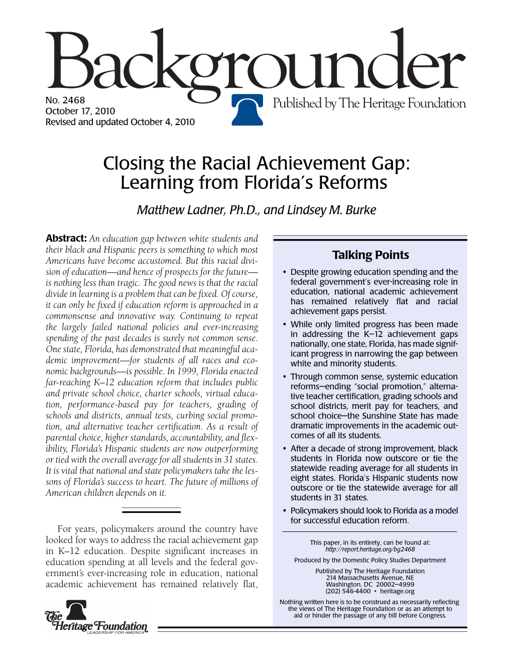 Closing the Racial Achievement Gap: Learning from Florida's Reforms