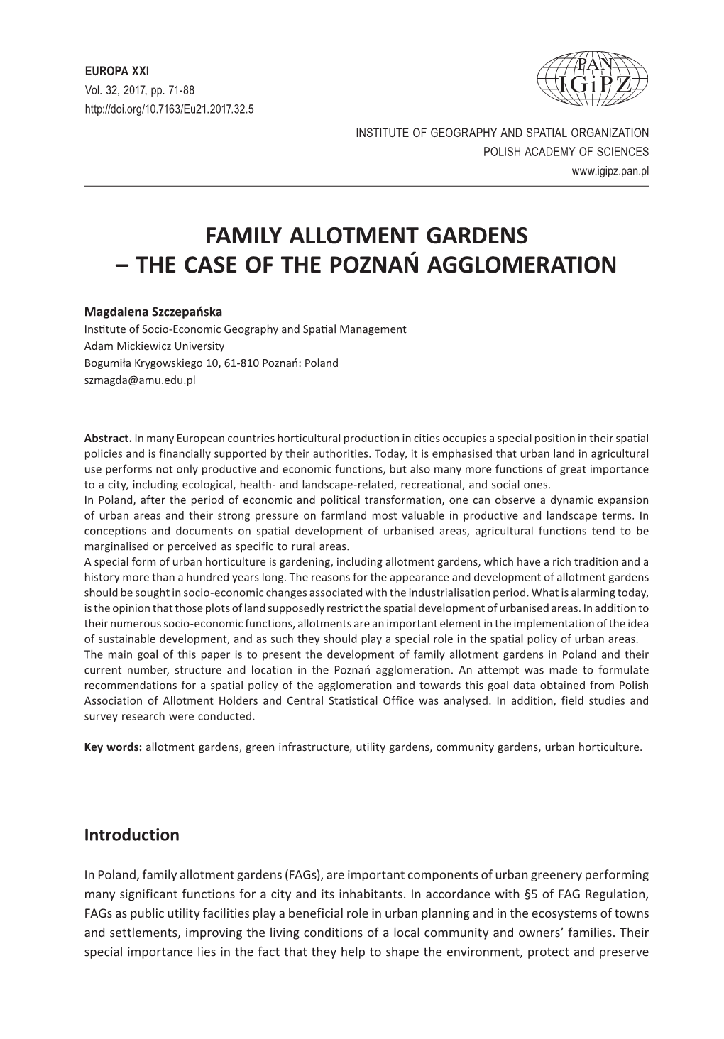 Family Allotment Gardens – the Case of the Poznań Agglomeration