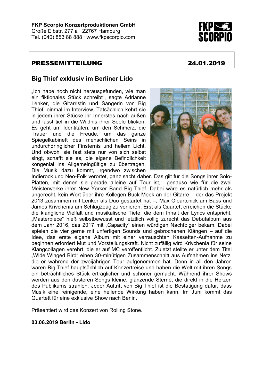 PRESSEMITTEILUNG 24.01.2019 Big Thief Exklusiv Im Berliner Lido