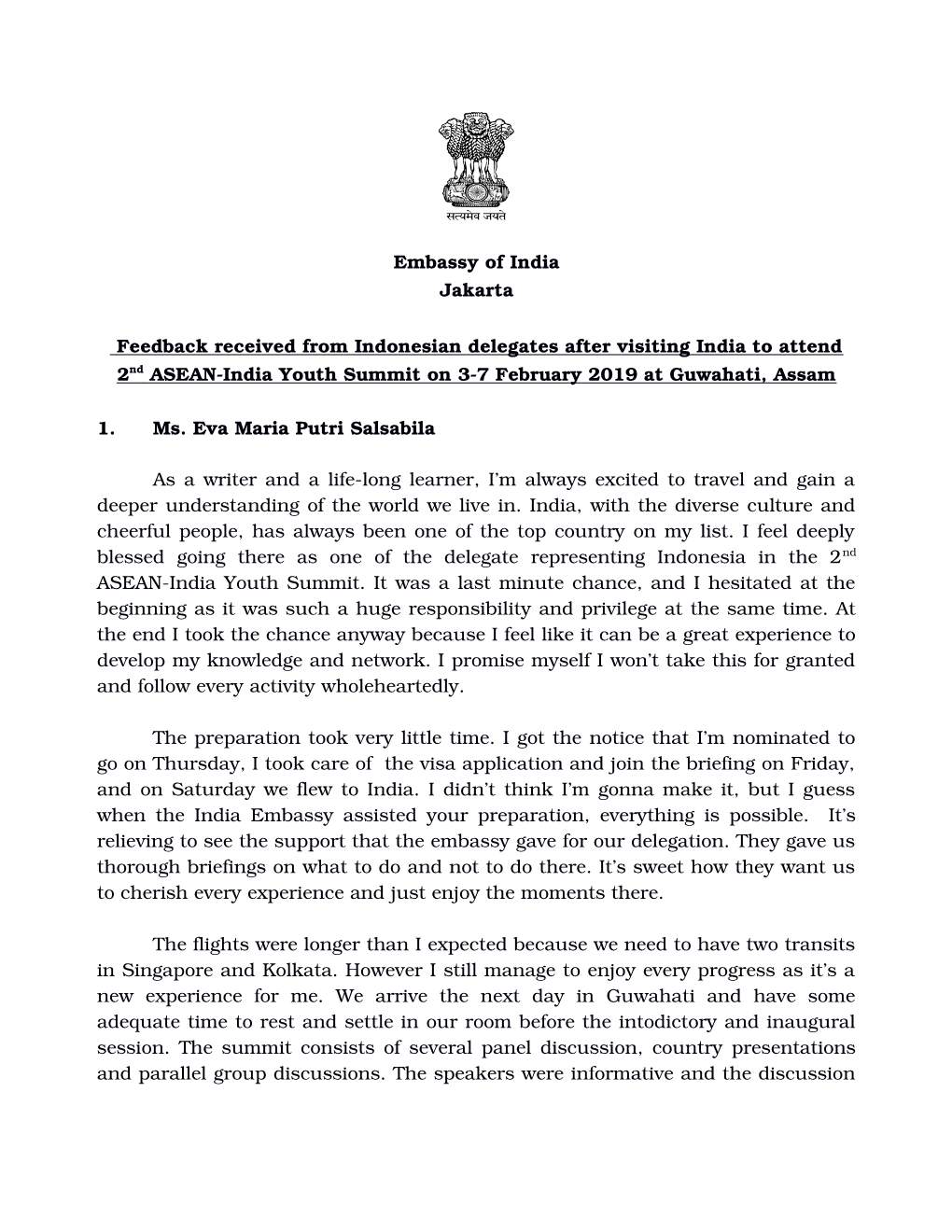 Embassy of India Jakarta Feedback Received from Indonesian Delegates After Visiting India to Attend 2 Nd ASEAN-India Youth Summ