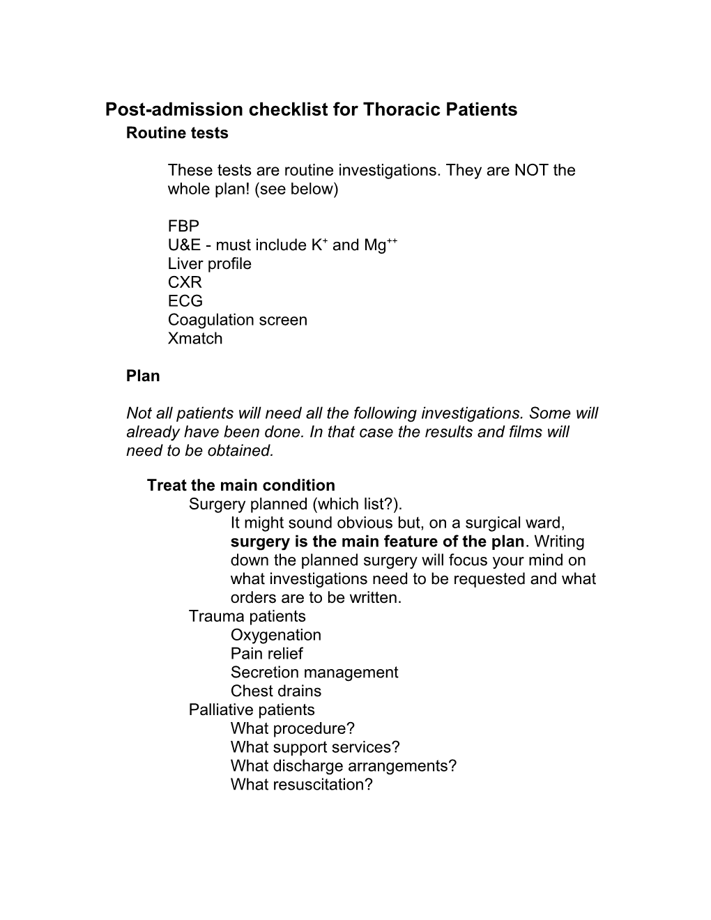 Preoperative Checklist for Thoracic Patients