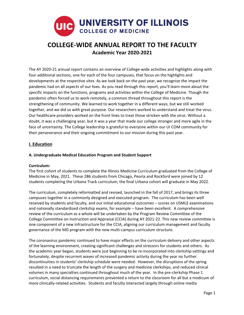 COLLEGE-WIDE ANNUAL REPORT to the FACULTY Academic Year 2020-2021