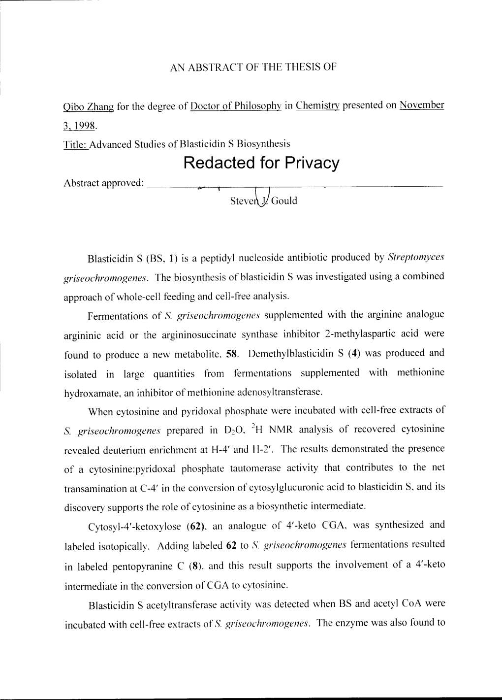 Advanced Studies of Blasticidin S Biosynthesis Redacted for Privacy Abstract Approved
