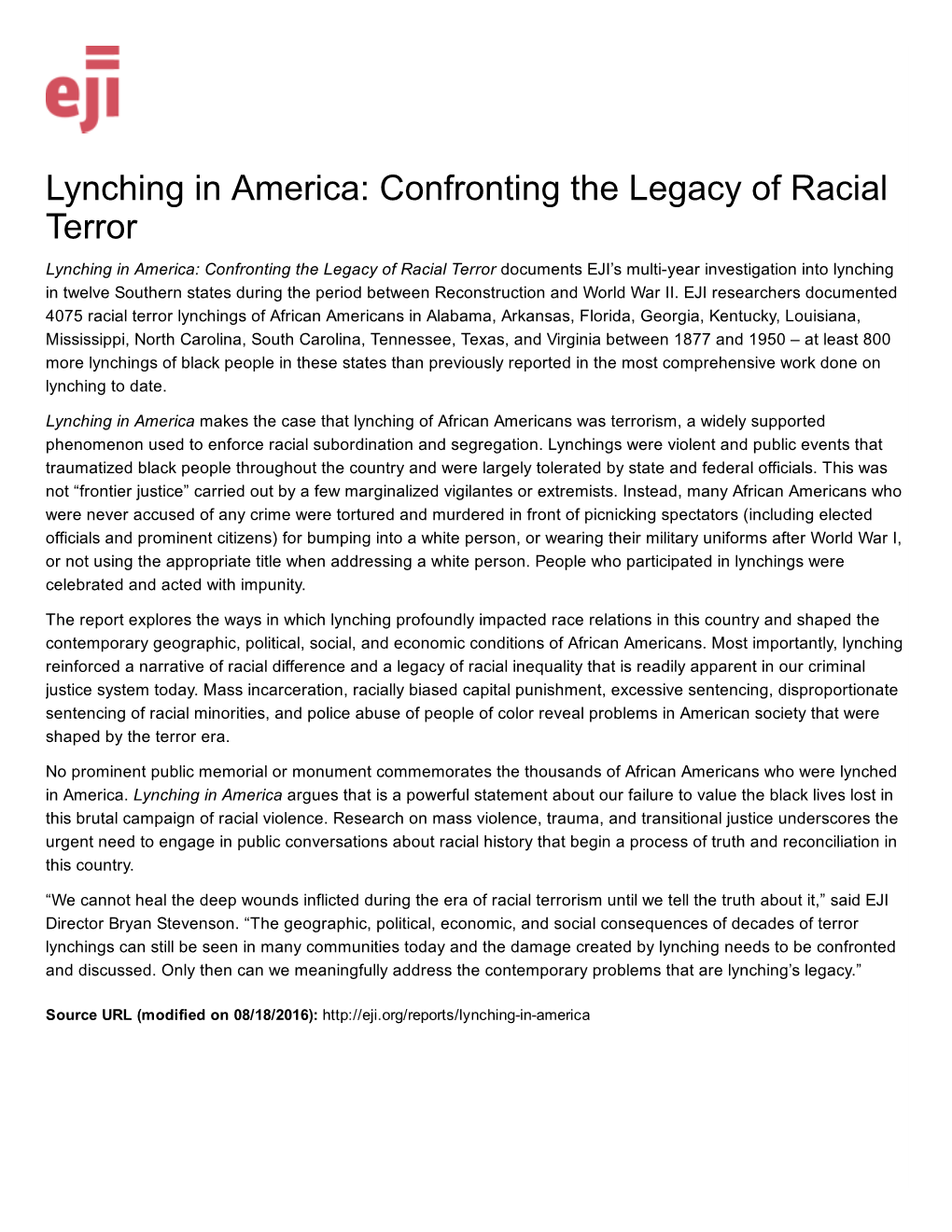 Lynching in America: Confronting the Legacy of Racial Terror