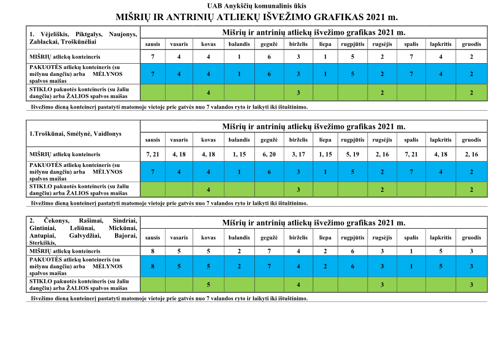 MIŠRIŲ IR ANTRINIŲ ATLIEKŲ IŠVEŽIMO GRAFIKAS 2021 M