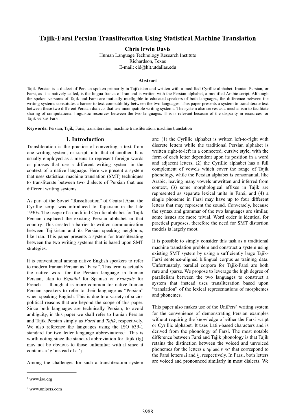 Tajik-Farsi Persian Transliteration Using Statistical Machine Translation