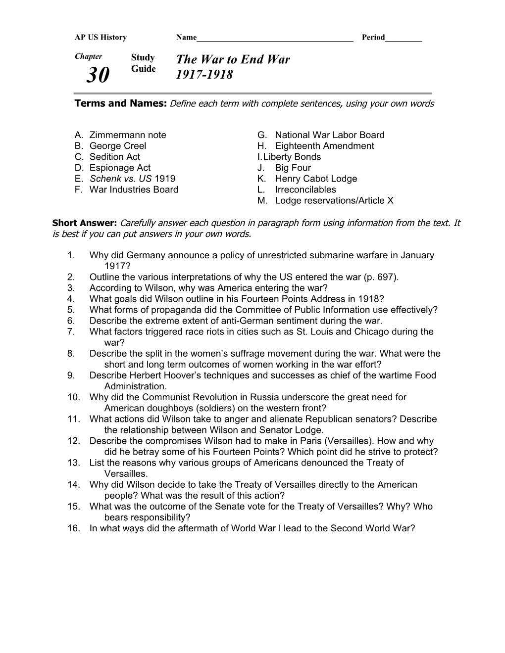 Terms and Names: Define Each Term with Complete Sentences, Using Your Own Words s2