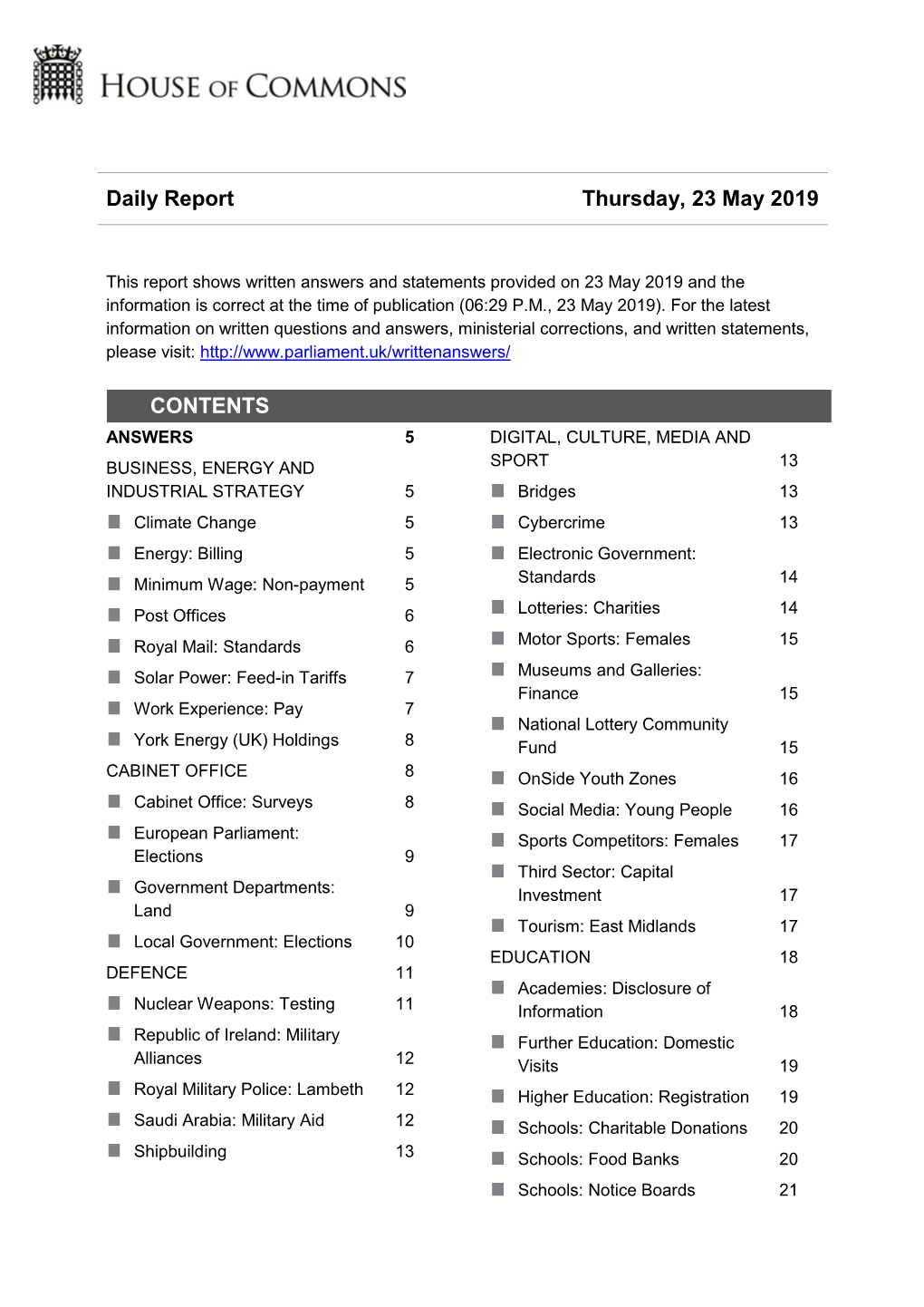 Daily Report Thursday, 23 May 2019 CONTENTS