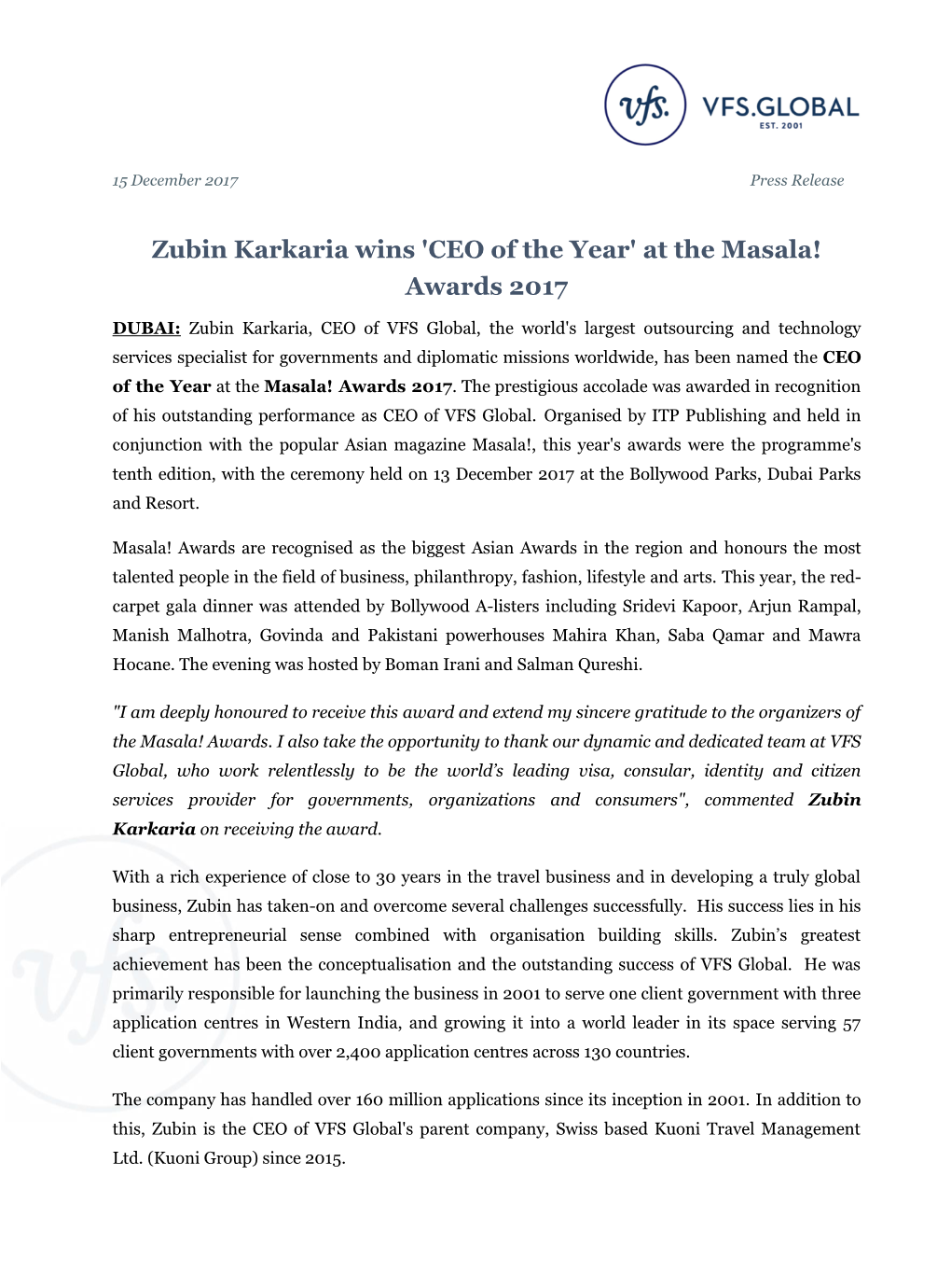 Zubin Karkaria Wins 'CEO of the Year' at the Masala! Awards 2017