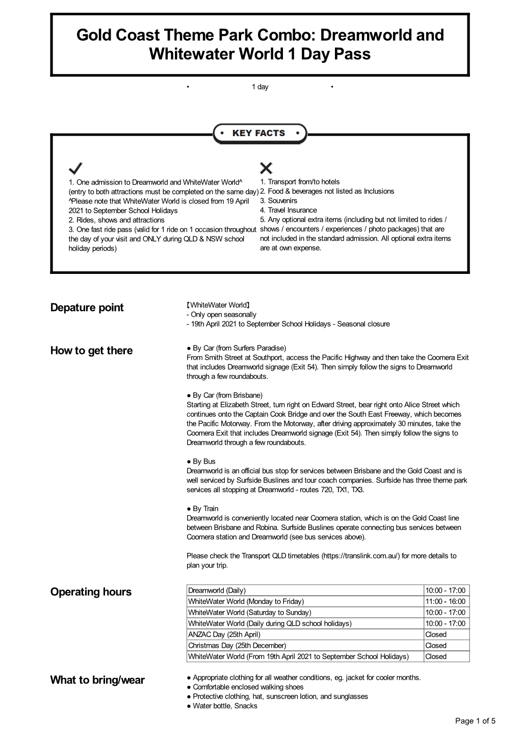 Dreamworld and Whitewater World 1 Day Pass