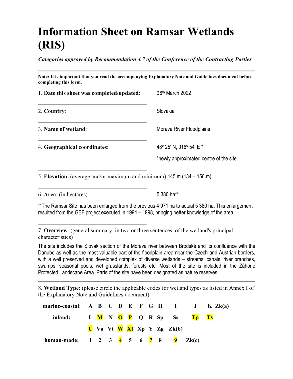 RIS) Categories Approved by Recommendation 4.7 of the Conference of the Contracting Parties