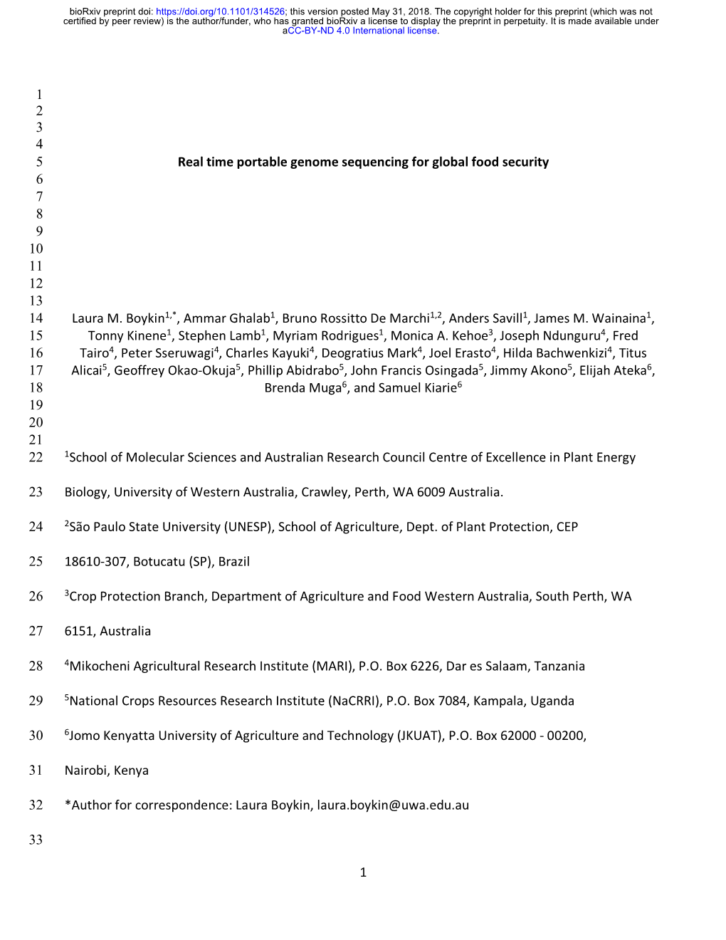 Real Time Portable Genome Sequencing for Global Food Security 6 7 8 9 10 11 12 13 14 Laura M