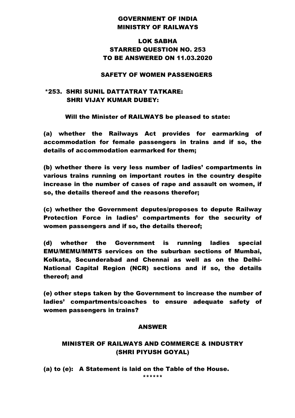 Government of India Ministry of Railways Lok Sabha