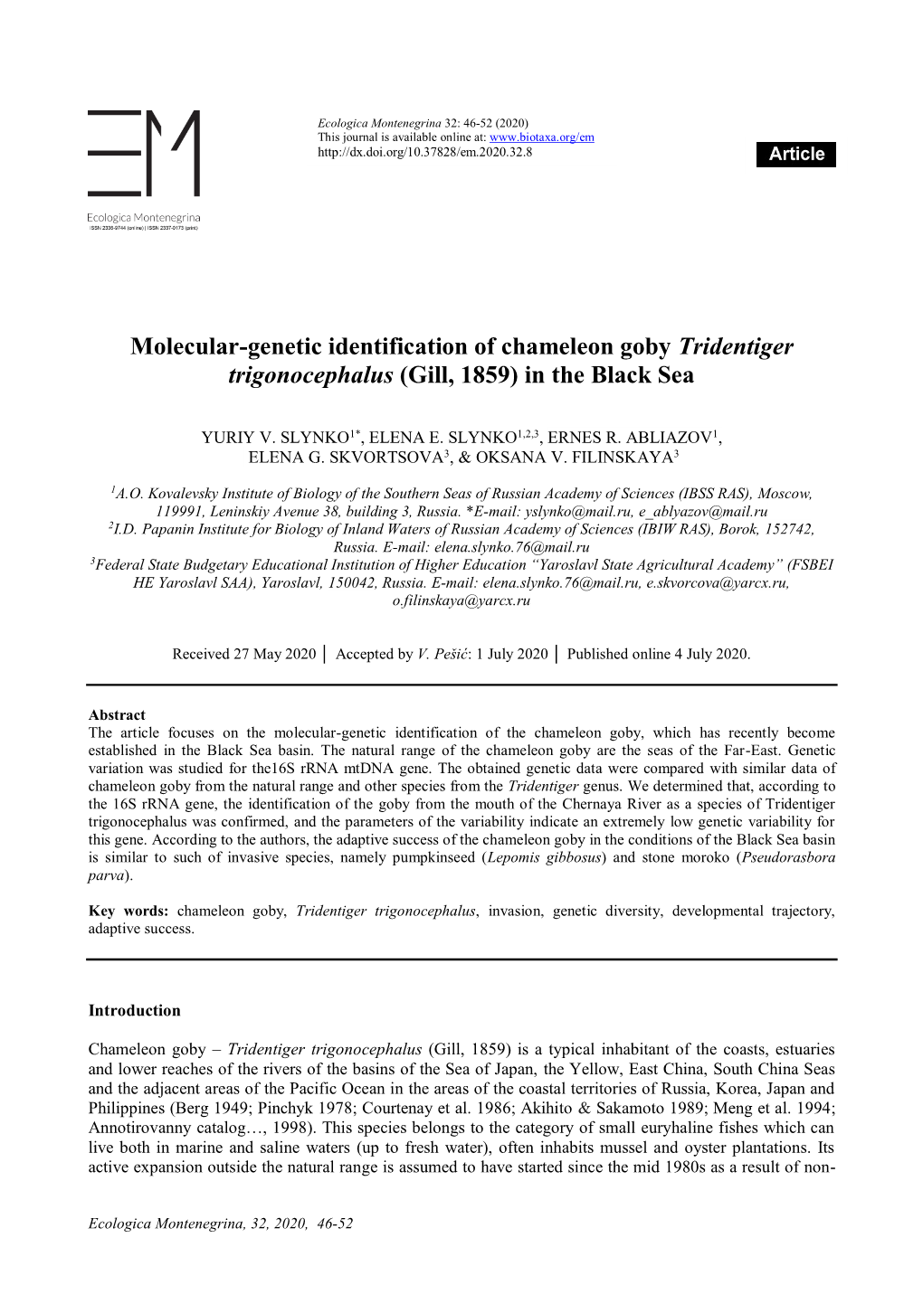 Molecular-Genetic Identification of Chameleon Goby Tridentiger Trigonocephalus (Gill, 1859) in the Black Sea