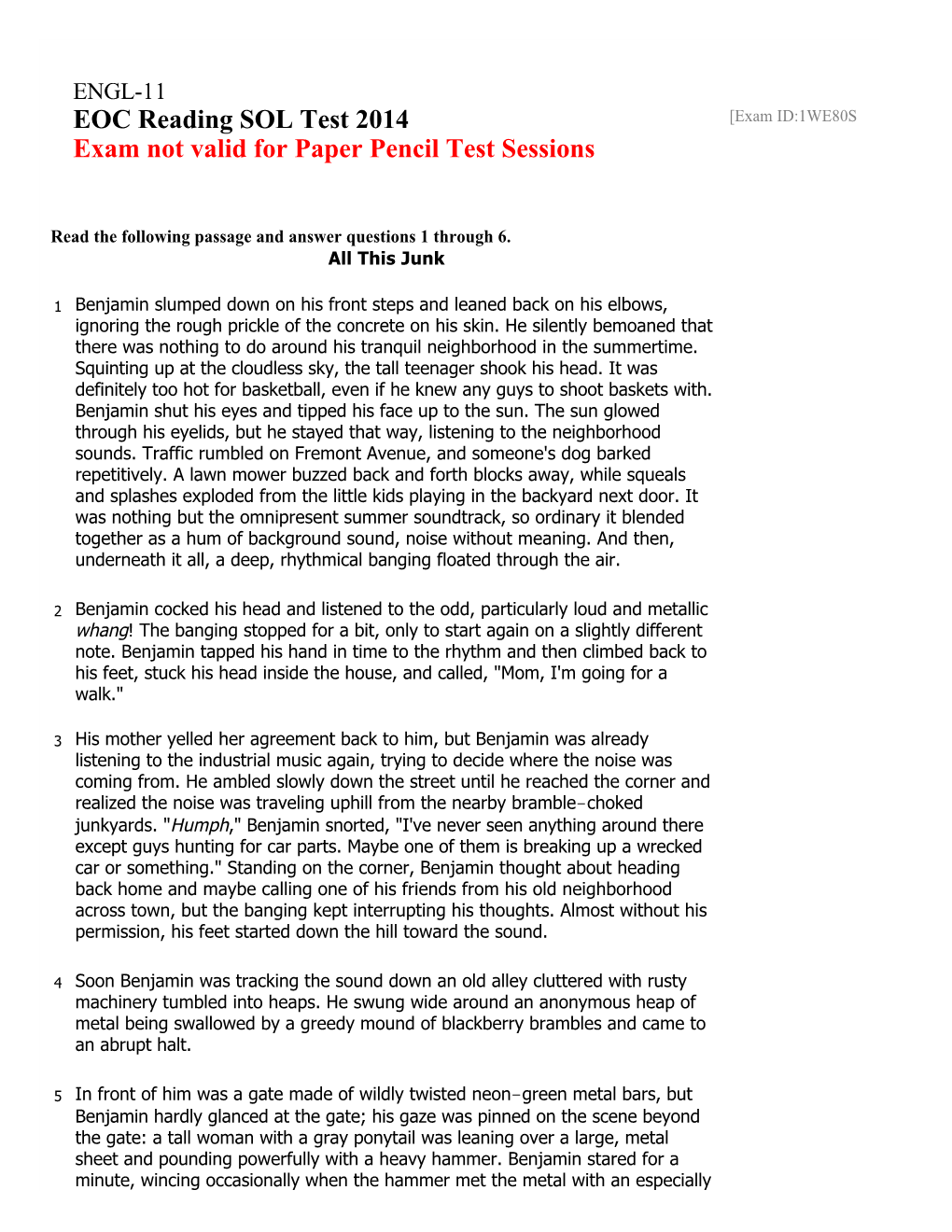 ENGL-11 Exam [E-1WE80S] EOC Reading SOL Test 2014