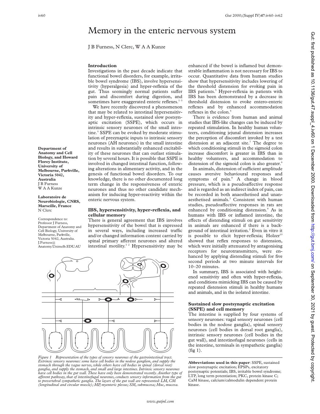 Memory in the Enteric Nervous System Gut: First Published As 10.1136/Gut.47.Suppl 4.Iv60 on 1 December 2000