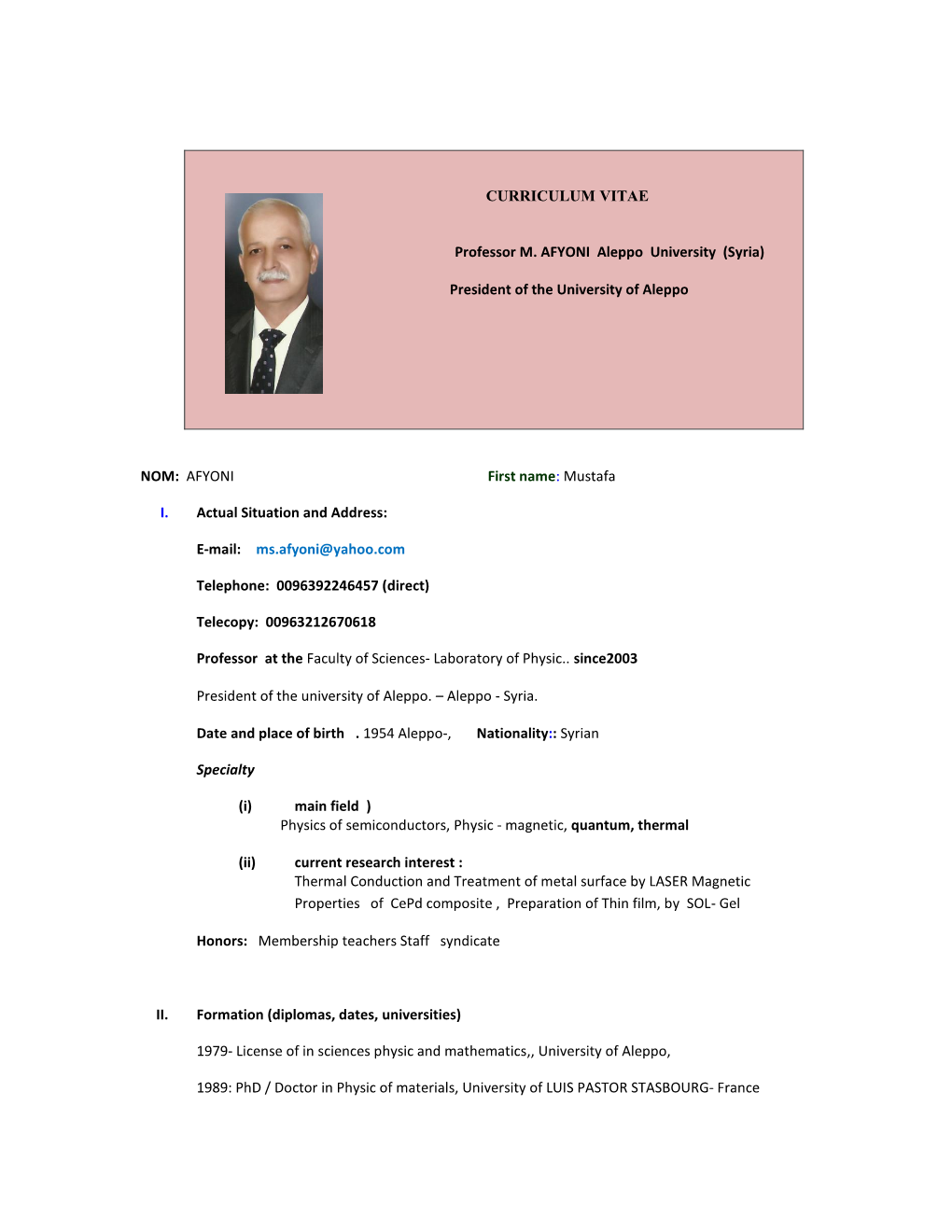 CURRICULUM VITAE Professor M. AFYONI Aleppo University (Syria