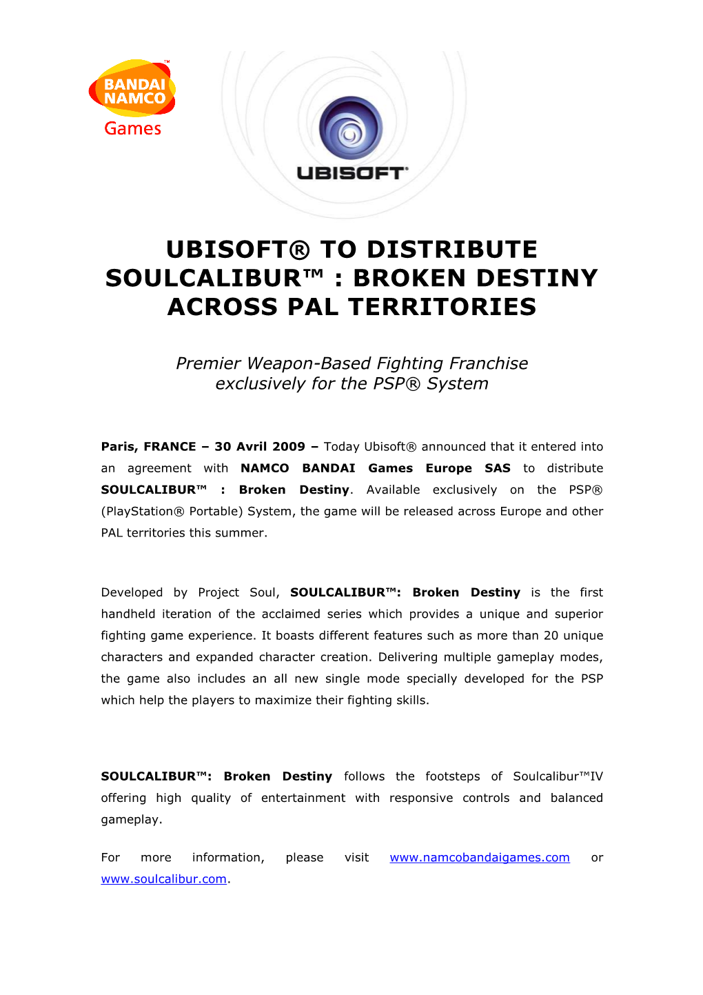 Ubisoft® to Distribute Soulcalibur™ : Broken Destiny Across Pal Territories