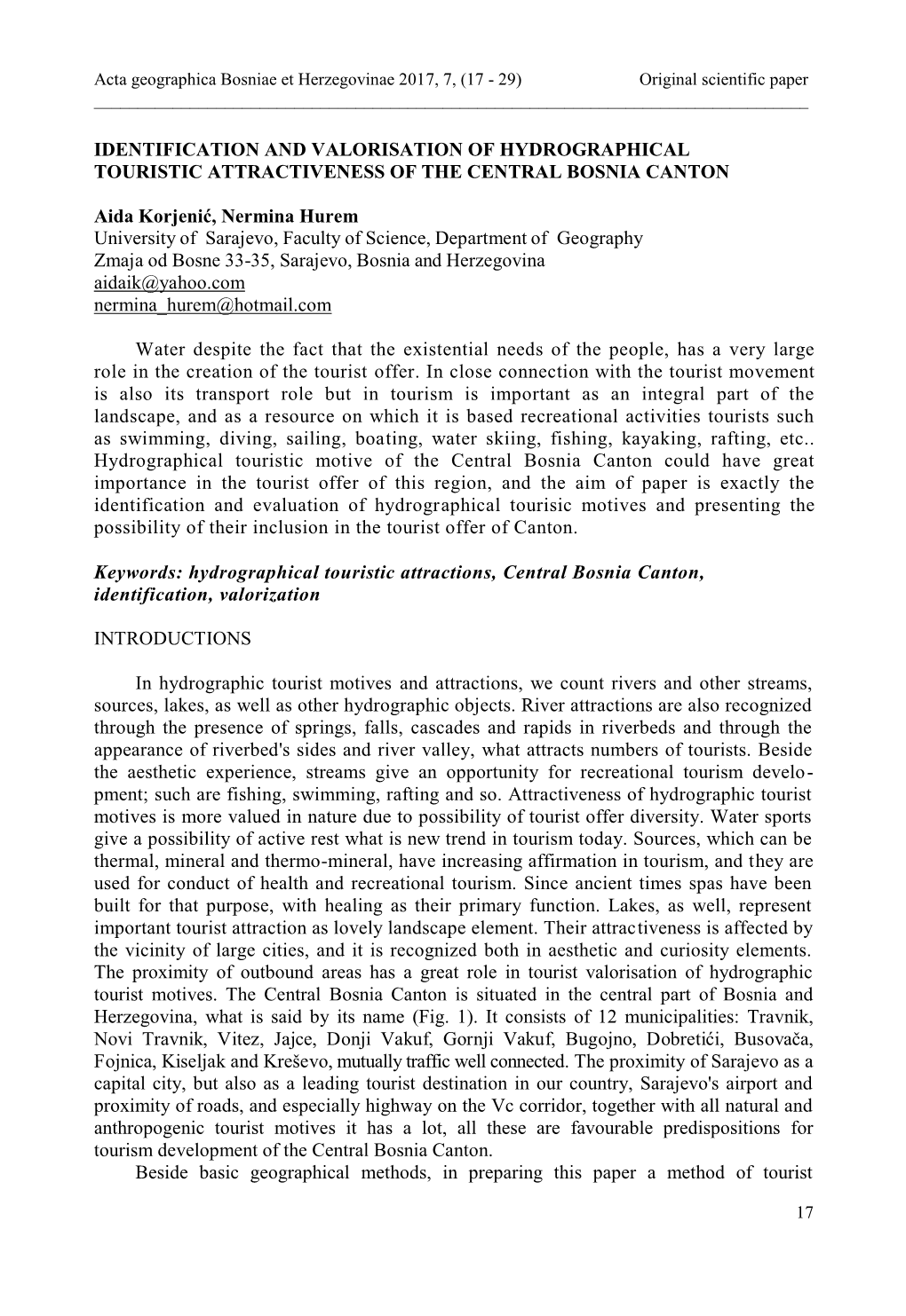 Identification and Valorisation of Hydrographical Touristic Attractiveness of the Central Bosnia Canton