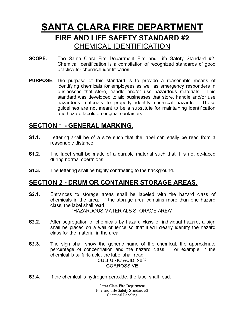 Santa Clara Fire Department Fire and Life Safety Standard #2 Chemical Identification