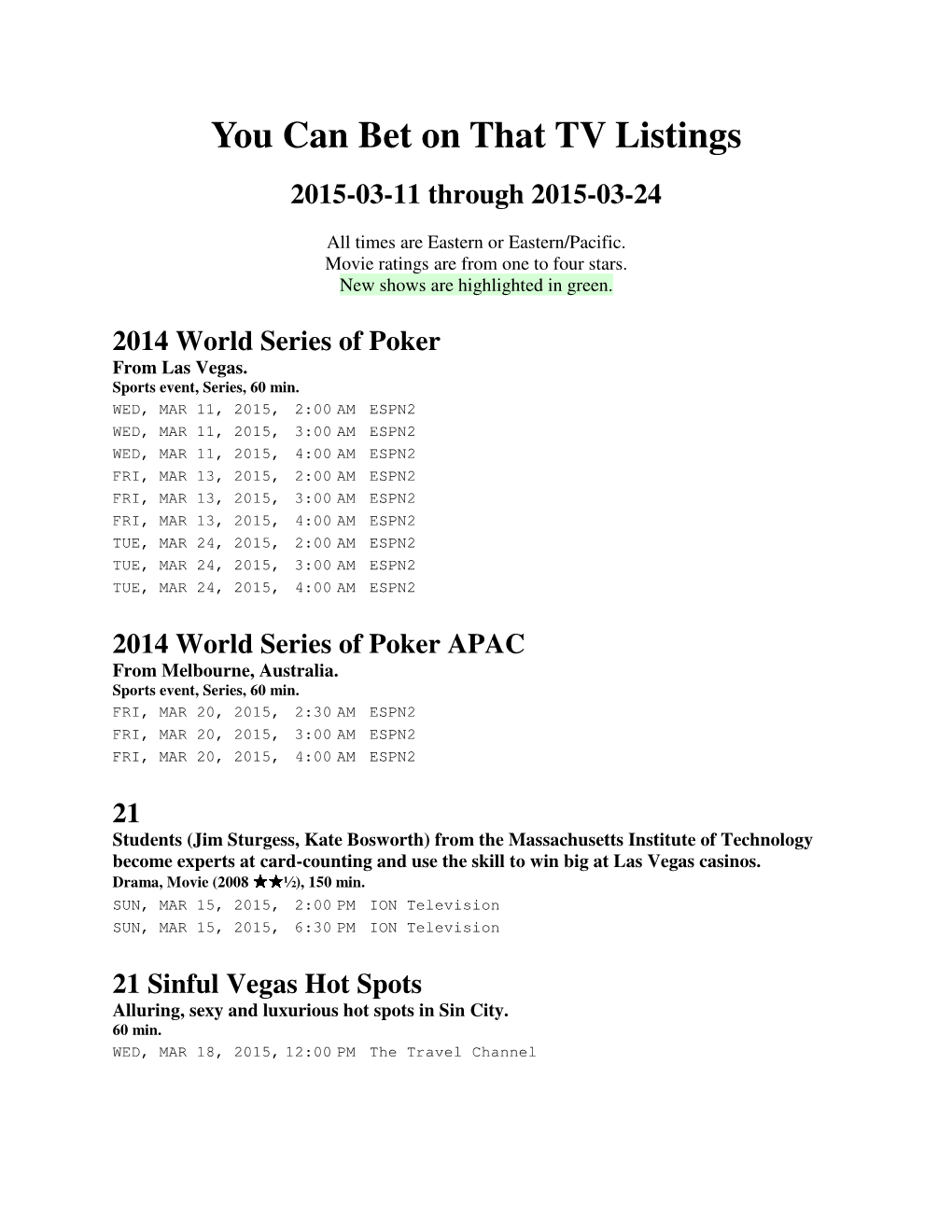 You Can Bet on That TV Listings 2015-03-11 Through 2015-03-24