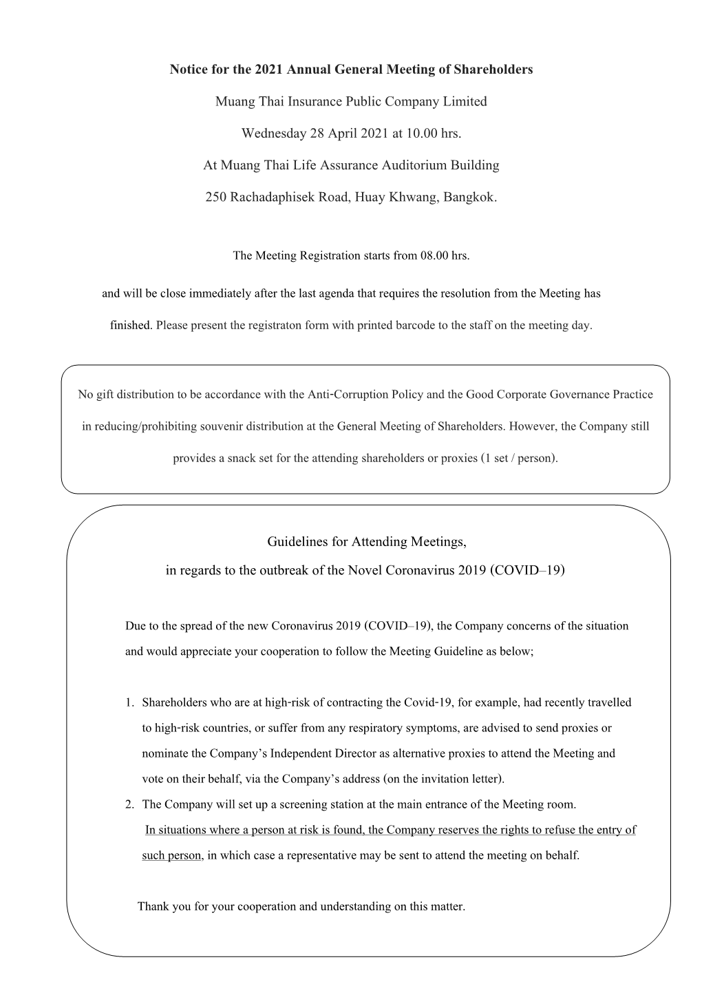 Notice for the 2021 Annual General Meeting of Shareholders Muang Thai Insurance Public Company Limited Wednesday 28 April 2021 at 10.00 Hrs