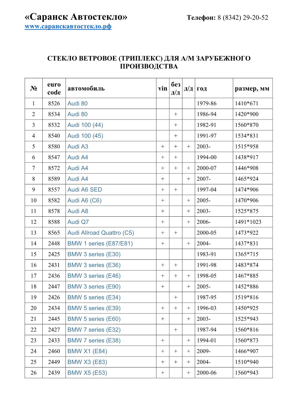 «Саранск Автостекло» Телефон: 8 (8342) 29-20-52