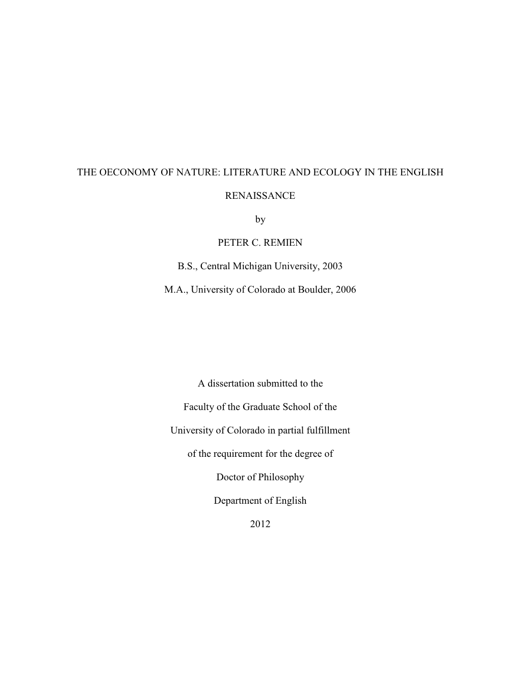 The Oeconomy of Nature: Literature and Ecology in the English