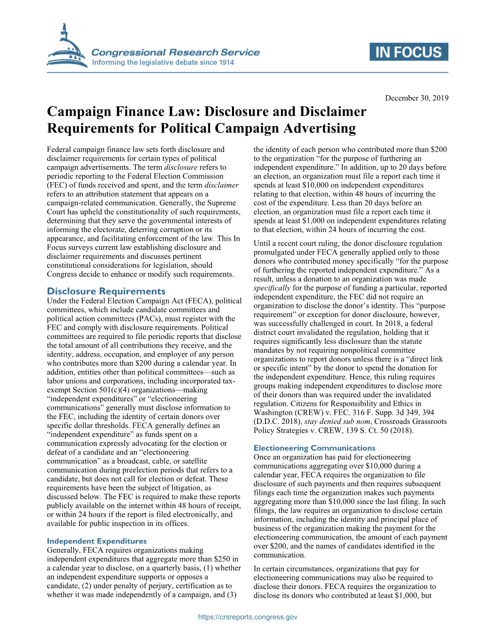 Campaign Finance Law: Disclosure and Disclaimer Requirements for Political Campaign Advertising